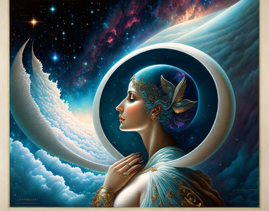 Mysterious woman in cosmic setting with celestial bodies