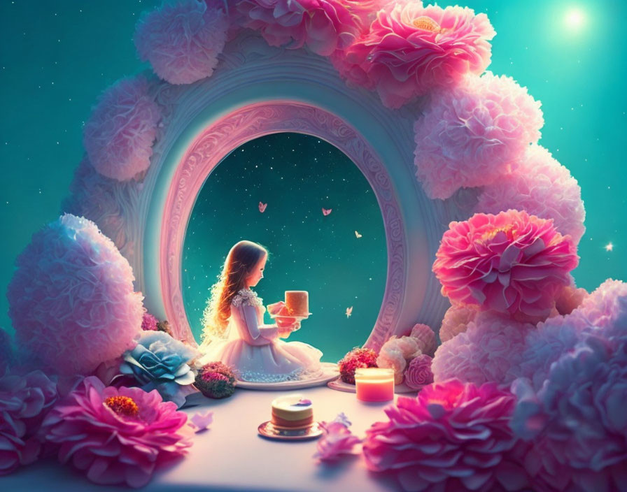 Young girl with glowing cube by ornate mirror and pink flowers