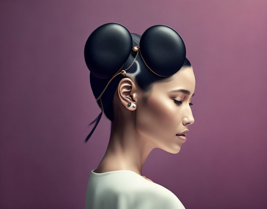 Woman with slicked-back hair styled into glossy black spheres and gold chain.