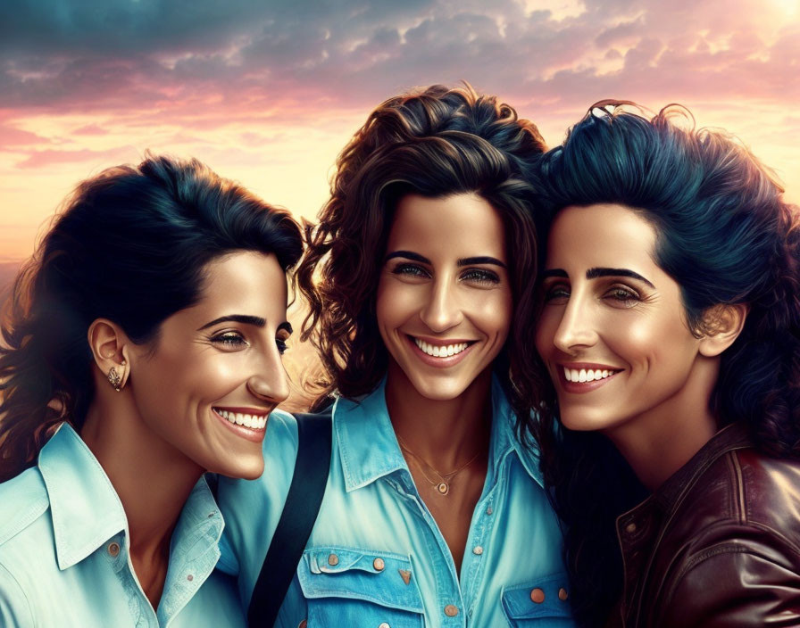 Three Women in Denim and Leather Against Sunset Sky