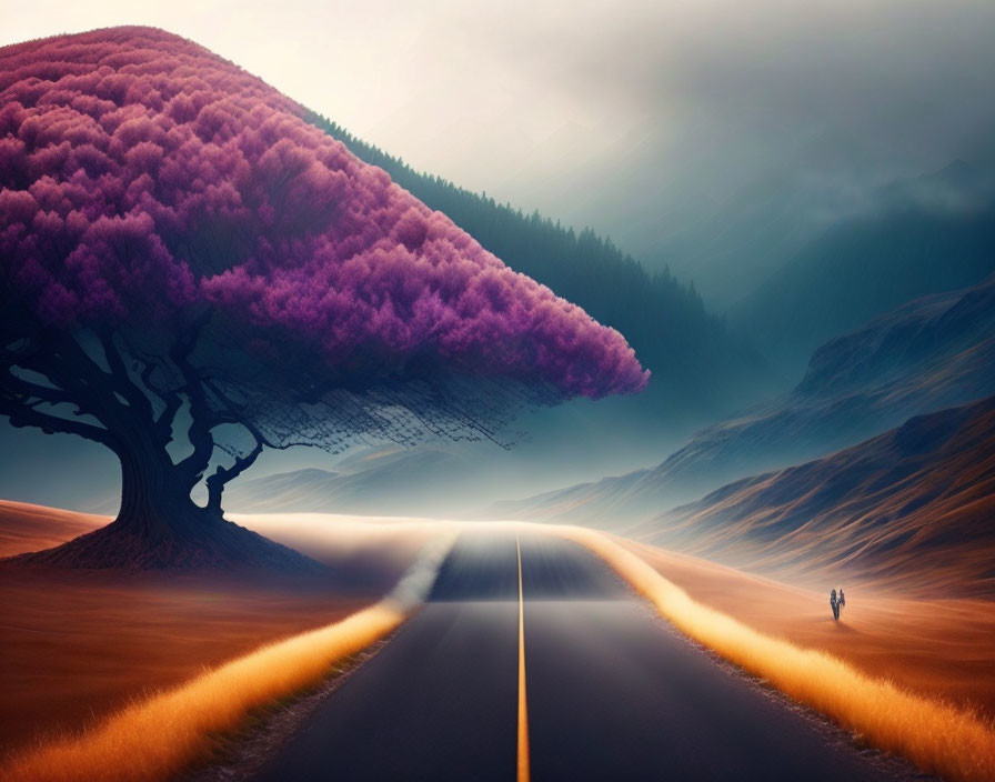 Vibrant pink tree in surreal landscape with person and golden hills