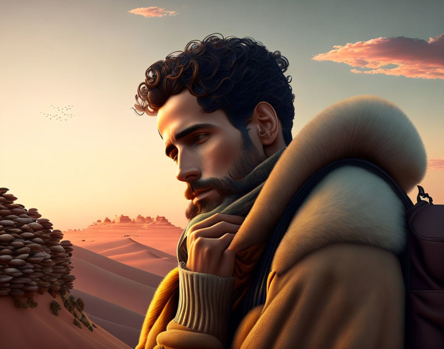 Digital image: Man in profile with contemplative expression, scarf and coat, desert backdrop.