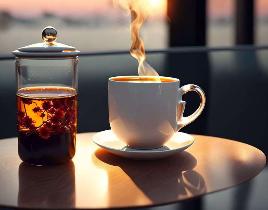 Steaming Cup of Tea with Glass Teapot and Floral Contents