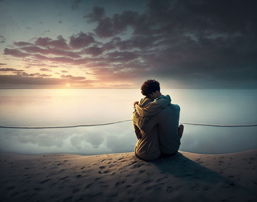 Person sitting on serene beach at sunset overlooking calm sea and cloudy sky