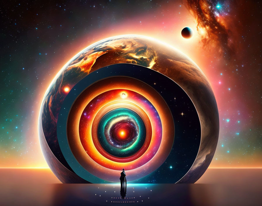 Person standing before large cosmic sphere with galaxy core.