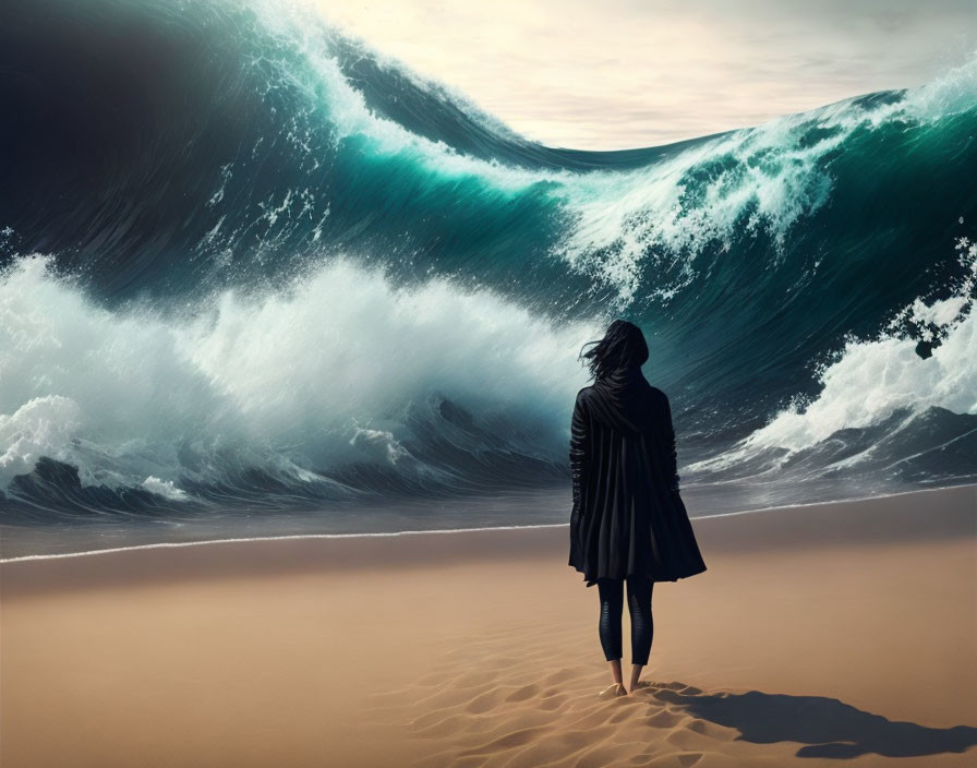 Person facing enormous towering wave on sandy beach