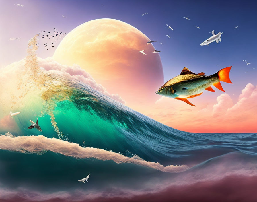 Flying Fish Over Ocean Wave, Moon, Sunset Sky & Birds