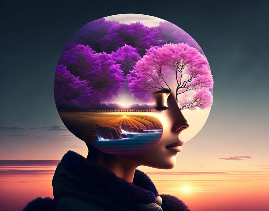 Surreal image: Woman's silhouette in vibrant landscape