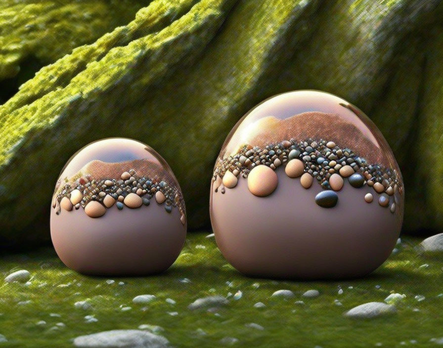 Stylized glossy orbs with pebble-like decorations on textured green and yellow background