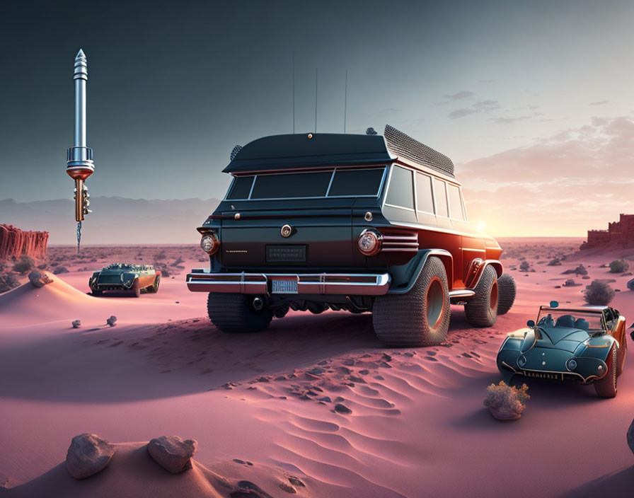 Retro-futuristic vehicles on desert landscape with rocket launch at sunset