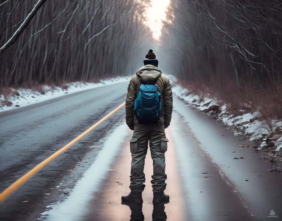 Person in winter attire standing on forest road with misty tree-lined path