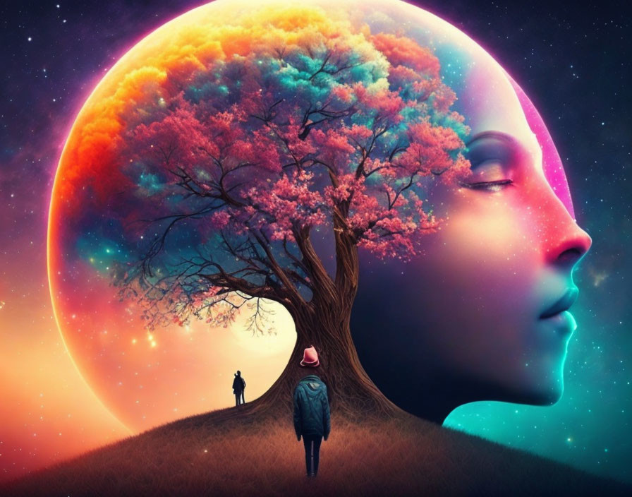 Surreal illustration: vibrant tree, figures, giant woman's face profile, starry backdrop