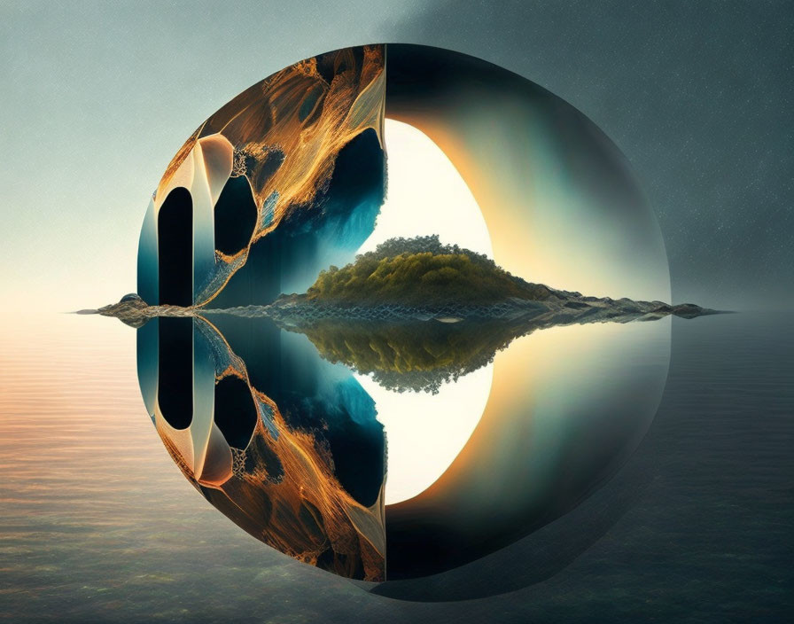 Surreal Landscape with Circular Portal and Mirrored Cliffs