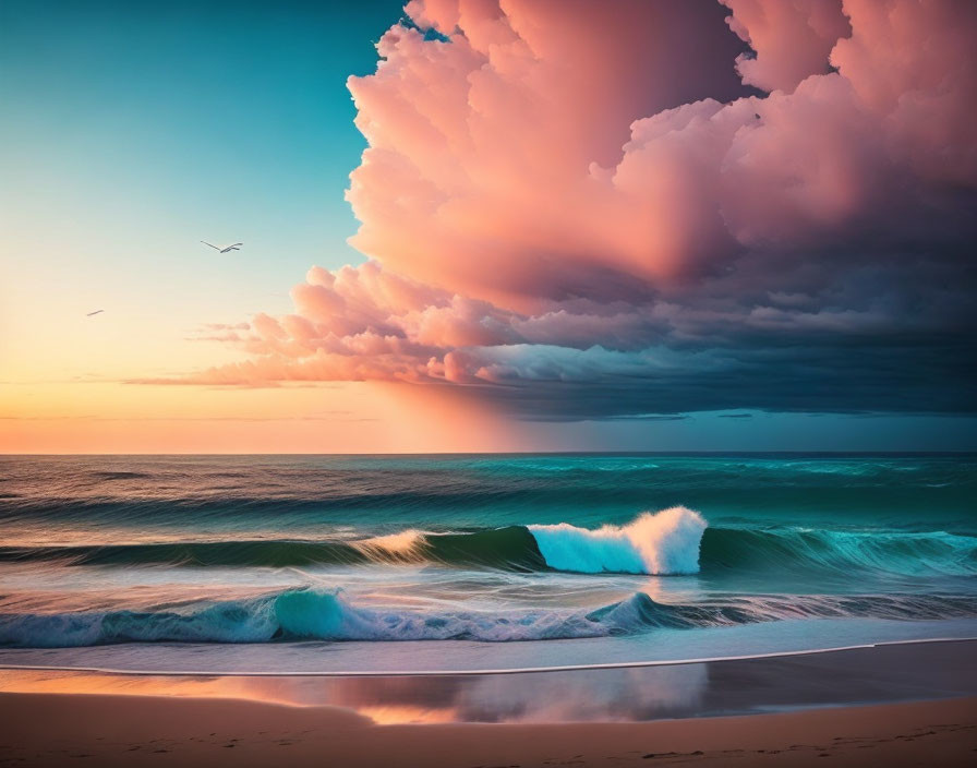 Vibrant beachscape with pink cloud, crepuscular rays, turquoise waves, and colorful sky