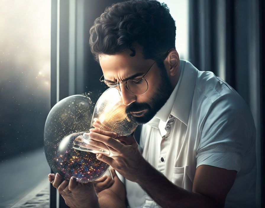 Bearded man in glasses gazes at cosmic light in sphere