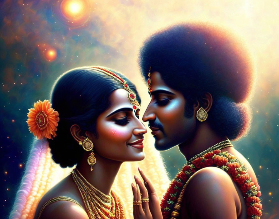 Colorful Illustration: Indian Couple in Traditional Attire Embrace Under Starry Sky