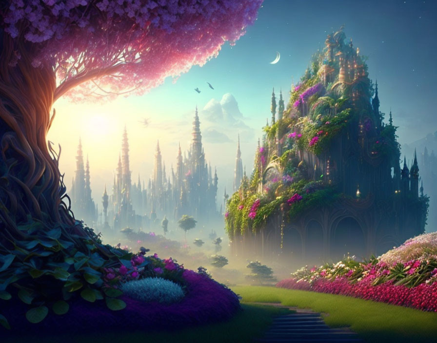 Fantastical landscape with purple tree, castle, and moon