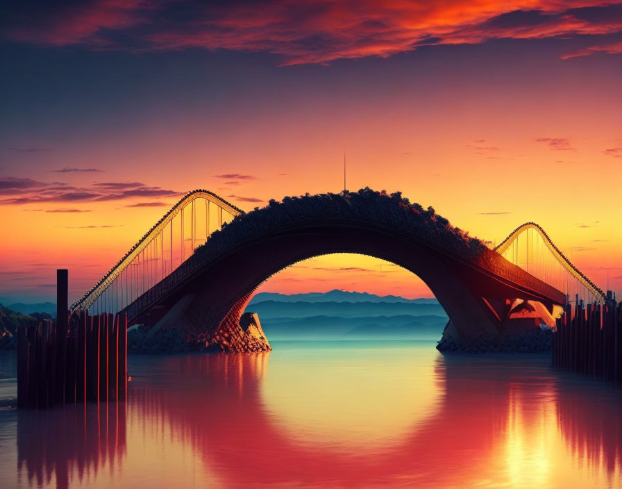 Sunset arched bridge over calm water with vibrant colors and hill silhouettes