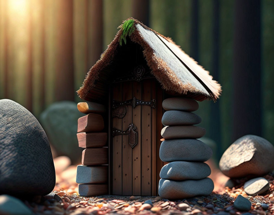 Miniature Pebble and Book Cover House in Forest Setting