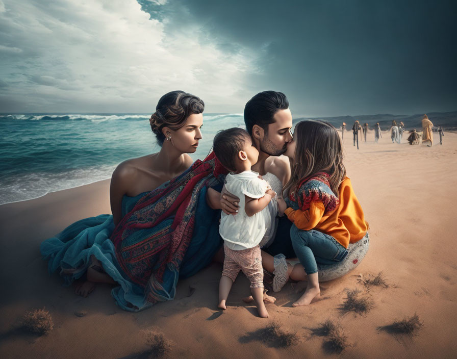 Family of four embracing on beach with dramatic sky and distant figures.