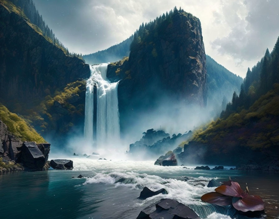 Scenic waterfall flowing into river amidst forested cliffs