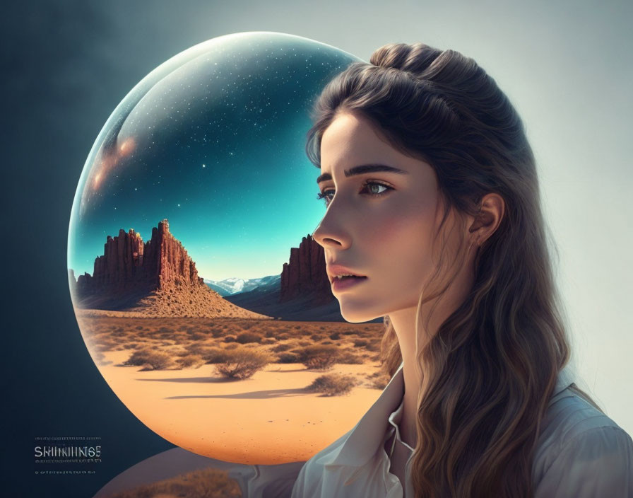 Woman's side-profile with desert landscape and night sky in bubble.