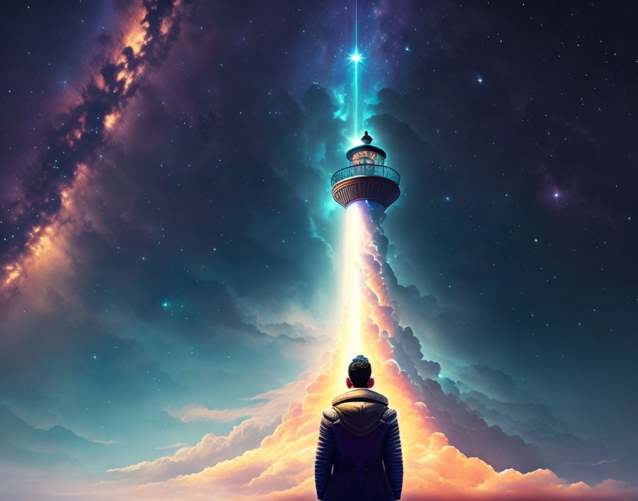 Person standing before radiant lighthouse under starry night sky