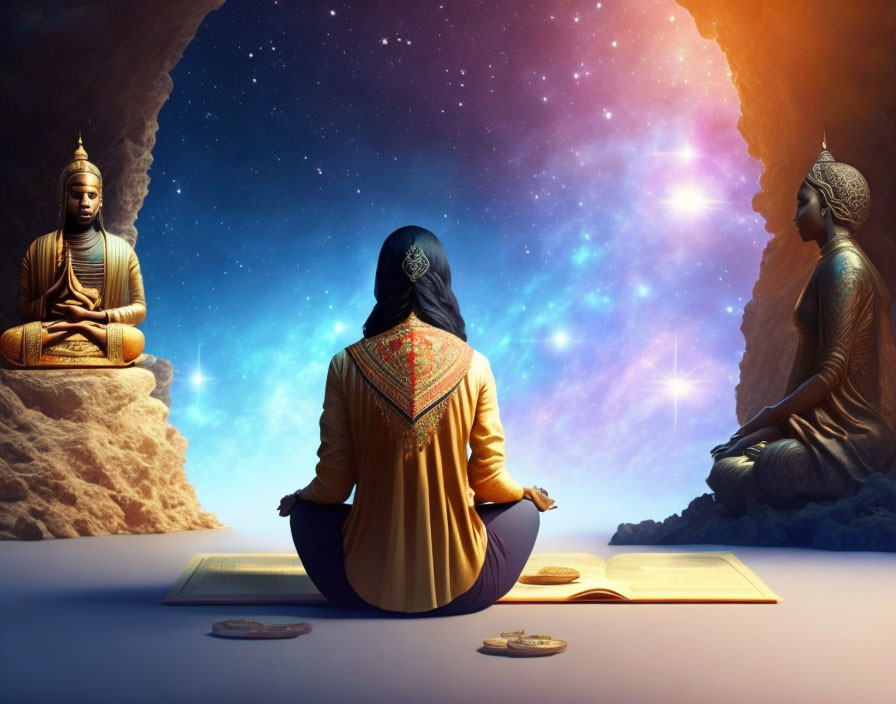 Person meditating with Buddha statues under starry sky