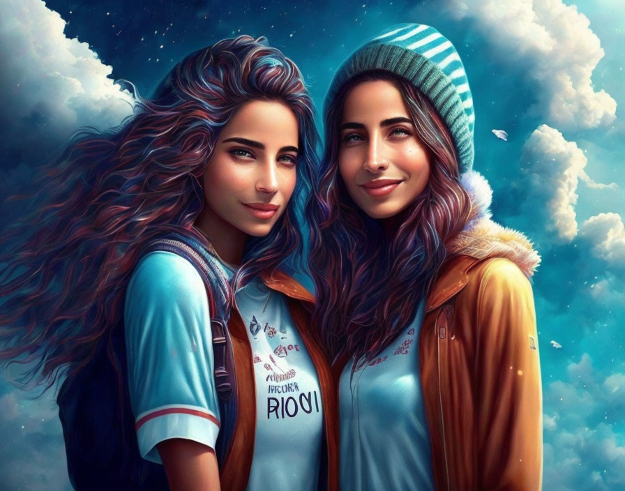 Stylized women with wavy hair, one in a beanie, show strong bond against cloudy