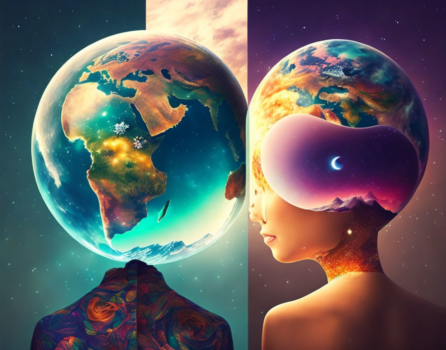 Surreal digital artwork: person with cosmic landscape head symbolizing unity.