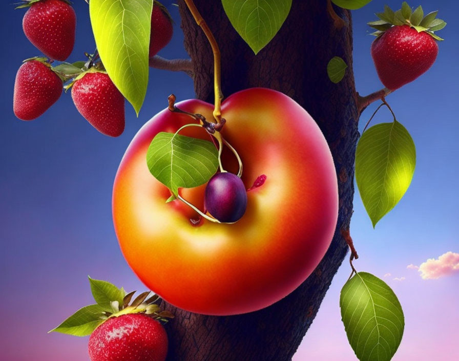 Vibrant composite image of peach, berries, and cherry on tree