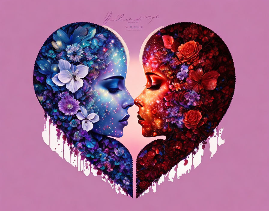 Heart-shaped floral and cosmic profiles on pink background symbolize a kiss