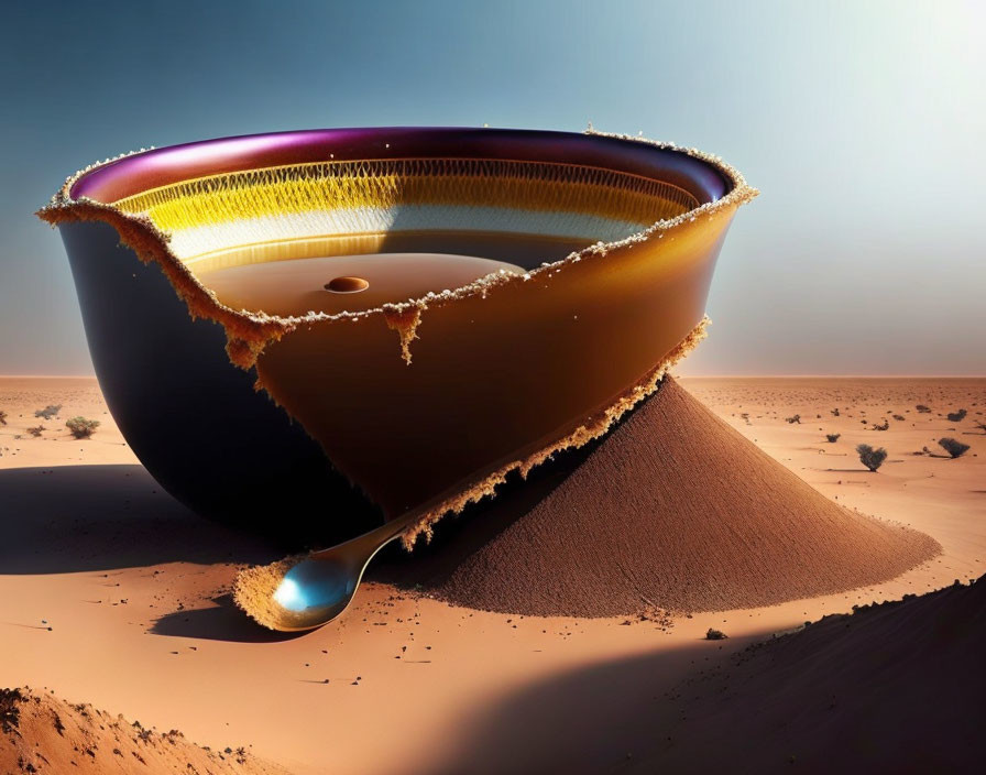 Oversized coffee cup half-buried in desert sands with spoon and flowing coffee creating dune