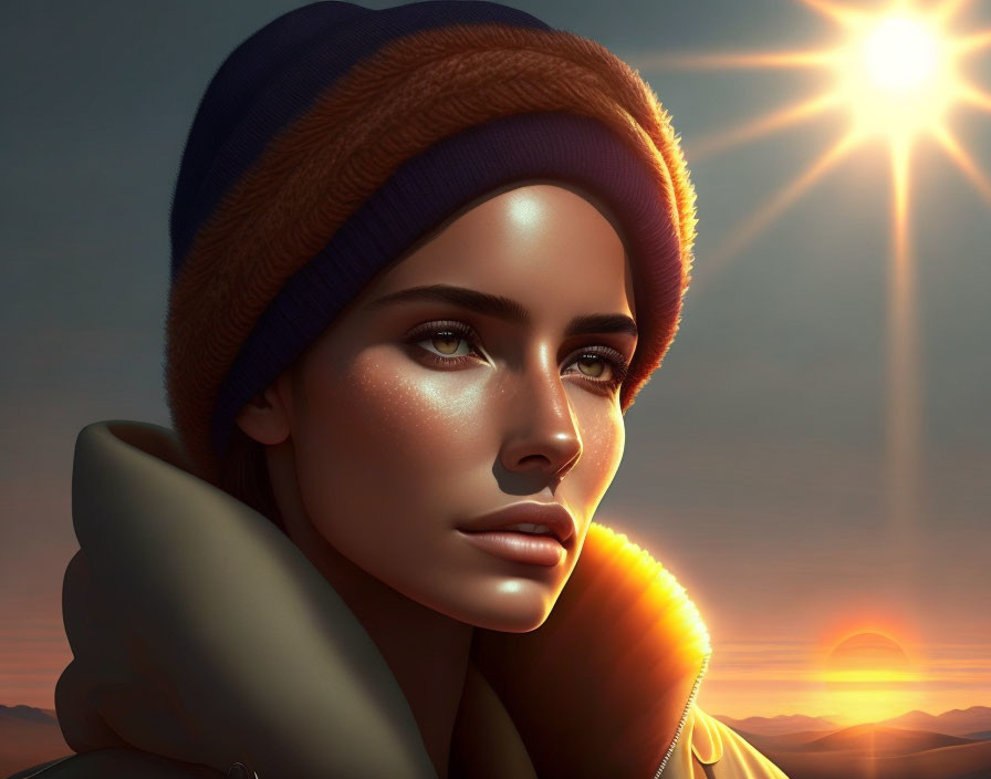 Digital portrait: Woman with glowing skin, beanie, against sunrise/sunset.