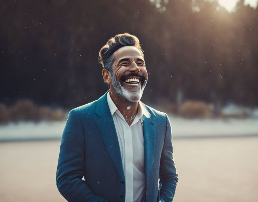 Man in Blue Suit Laughing Outdoors with Snowflakes and Trees