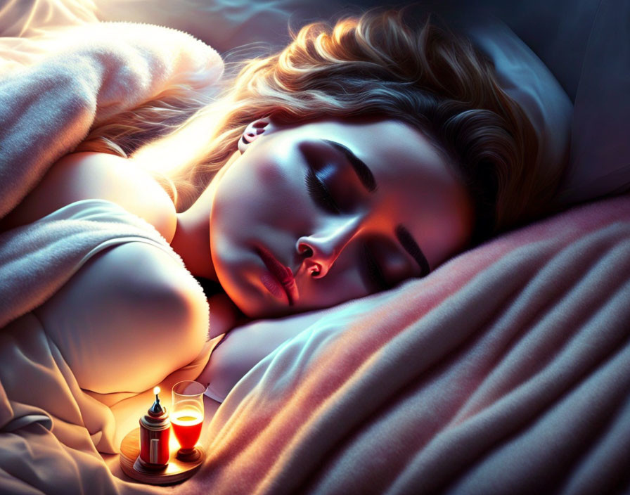 Woman Sleeping with Lit Candle and Bottles in Soft Blue and Orange Light