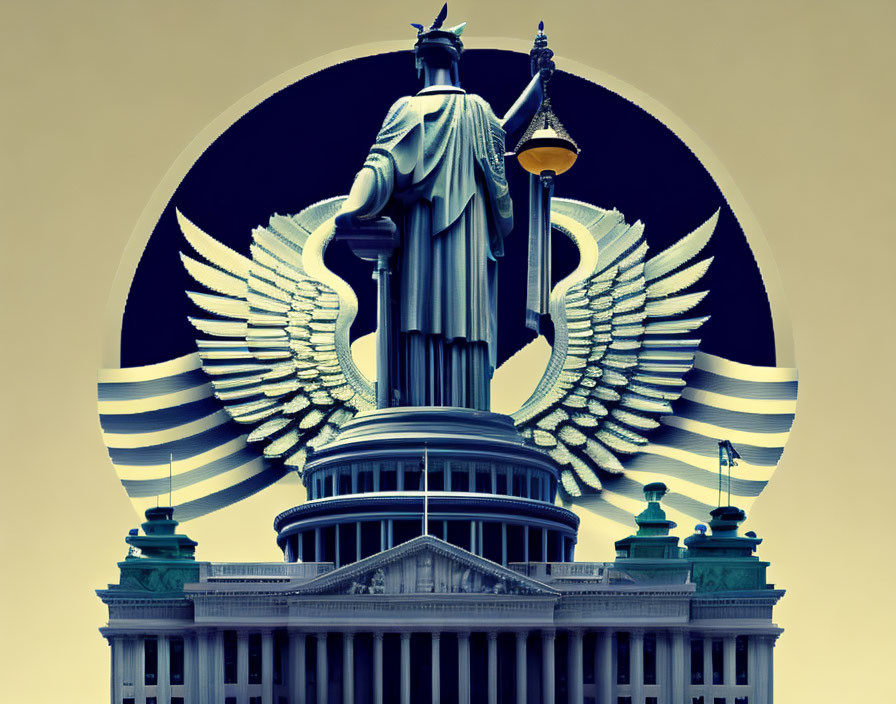 Winged female figure with scales and neoclassical building in stylized graphic