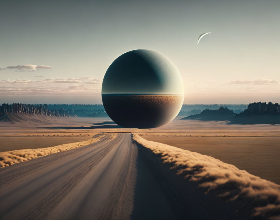 Surreal desert landscape with floating sphere, road, and crescent moon