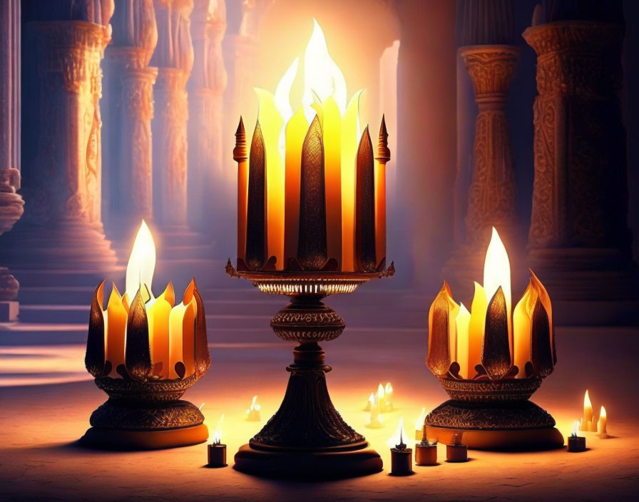 Three lit candles in ornate holders in dimly lit room with classical columns.