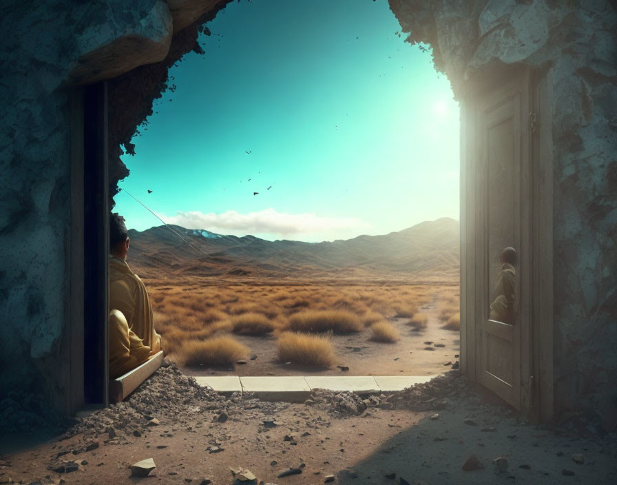 Man sitting by dilapidated doorway overlooking arid landscape