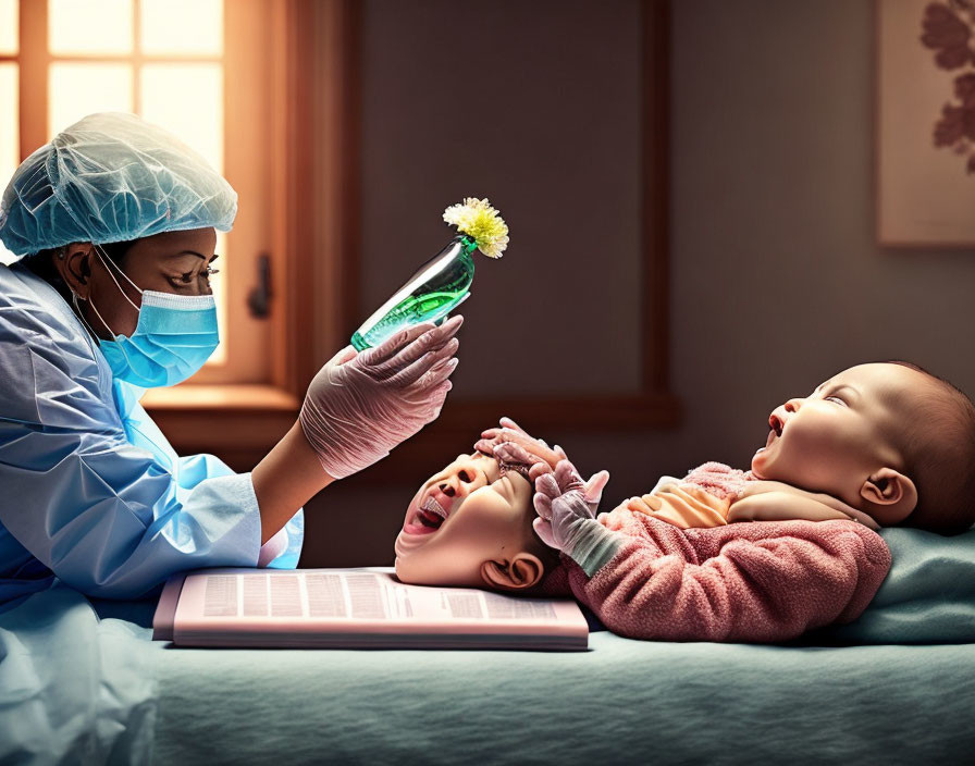 Healthcare worker with mask examines book with cheerful babies and flower magnifying glass