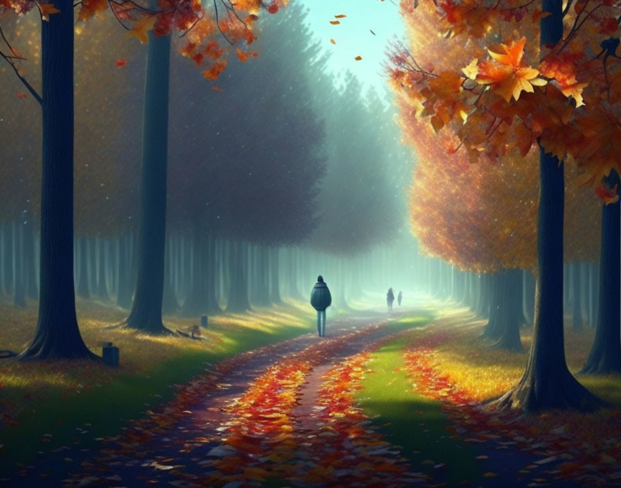 Person walking down tree-lined path in serene autumn scene