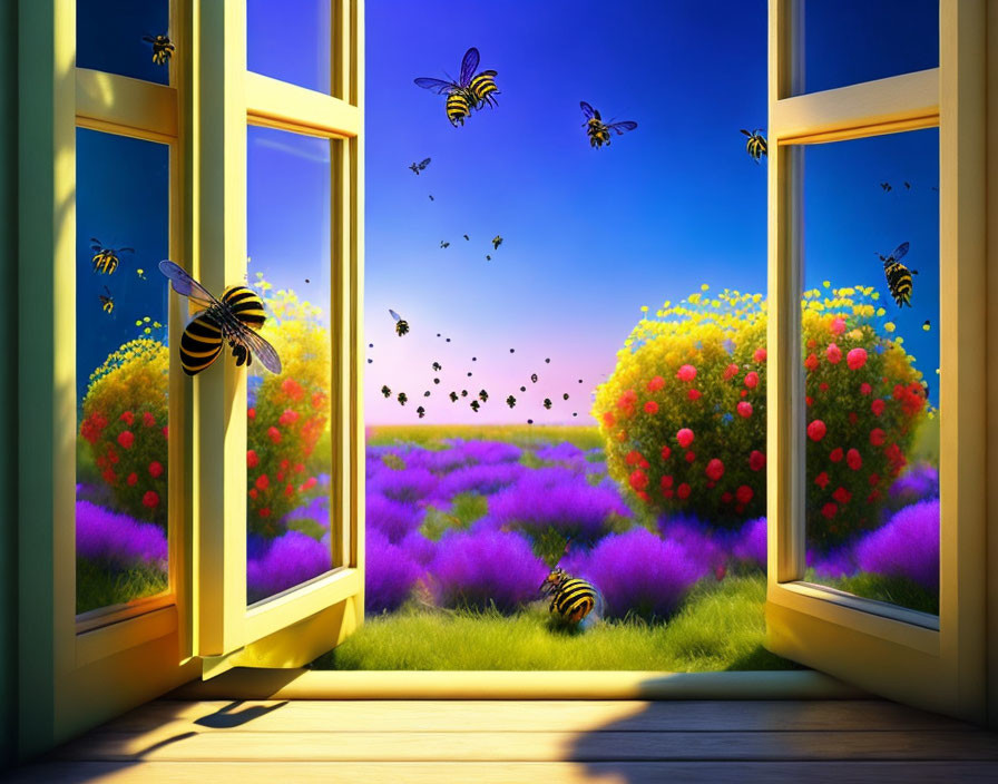 Vibrant flower field and bees viewed from open window