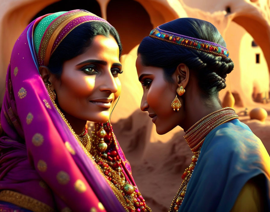 Vibrant traditional Indian attire on two women against earthen backdrop