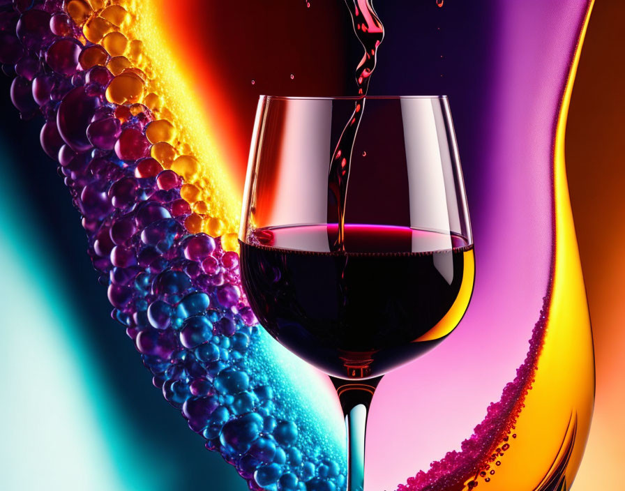 Colorful Abstract Glass of Red Wine with Bubbles