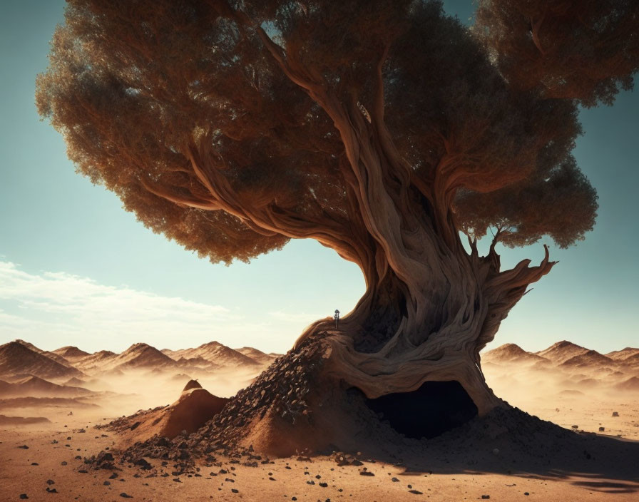 Figure under ancient tree in desert landscape with rolling dunes