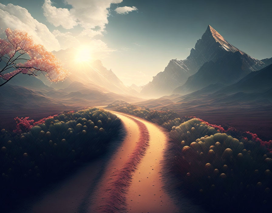 Serene fantasy landscape with winding dirt road