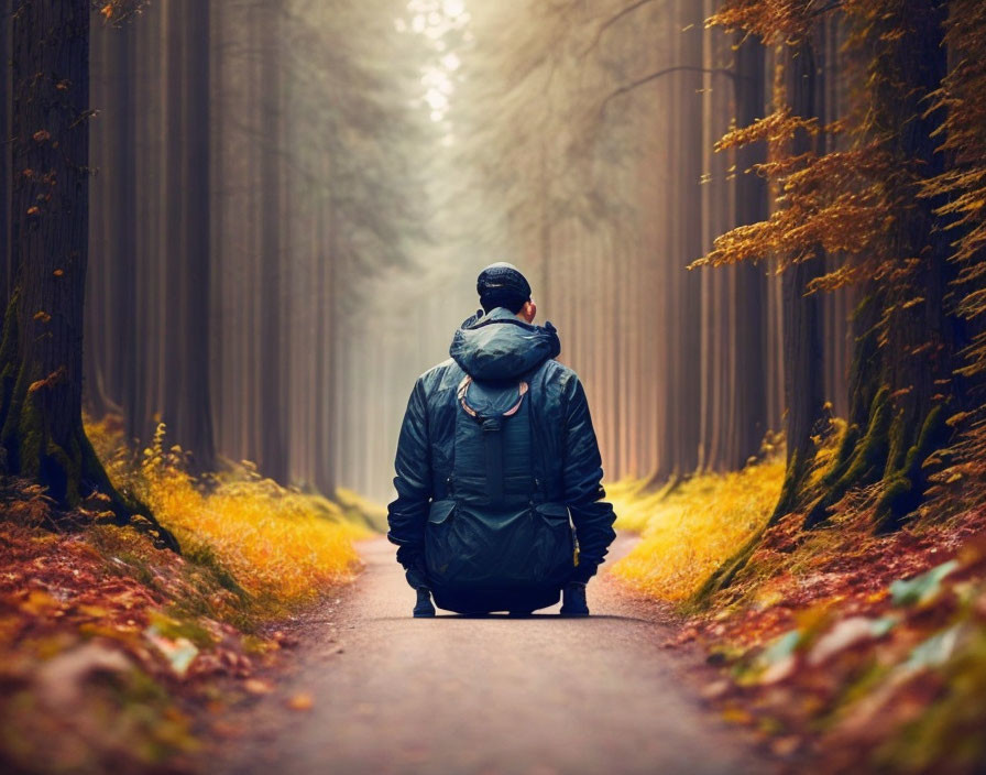 Person in jacket and backpack walking in serene forest with autumn leaves and misty atmosphere