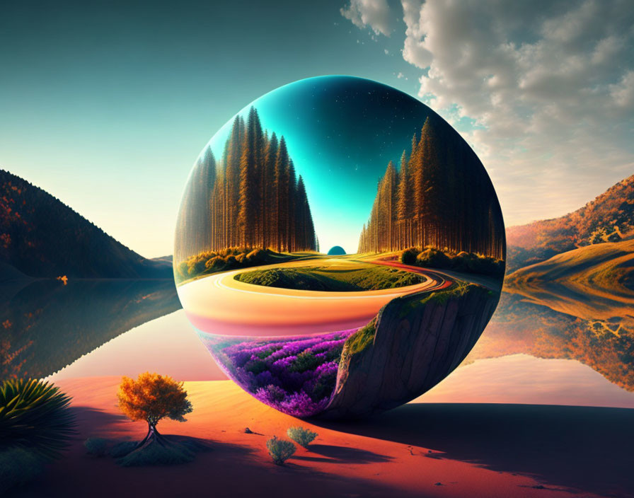 Surreal landscape with spherical portal and starry sky above road, trees, desert, and reflective