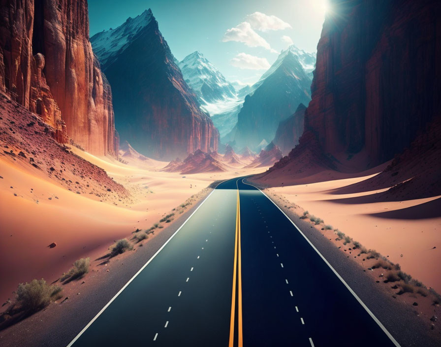 Desert road leading to snow-capped mountains and red cliffs